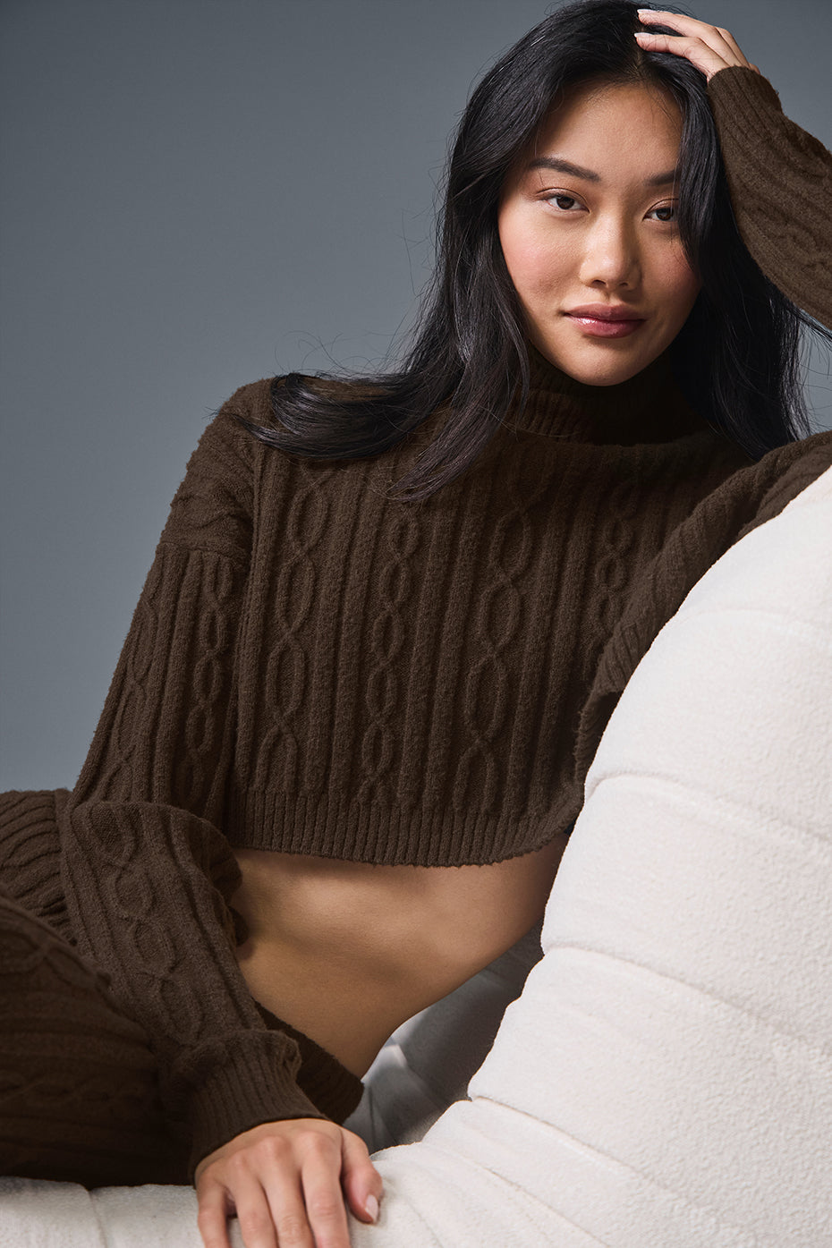 Cable Knit Cropped Winter Bliss Turtleneck Long Sleeve   Espresso