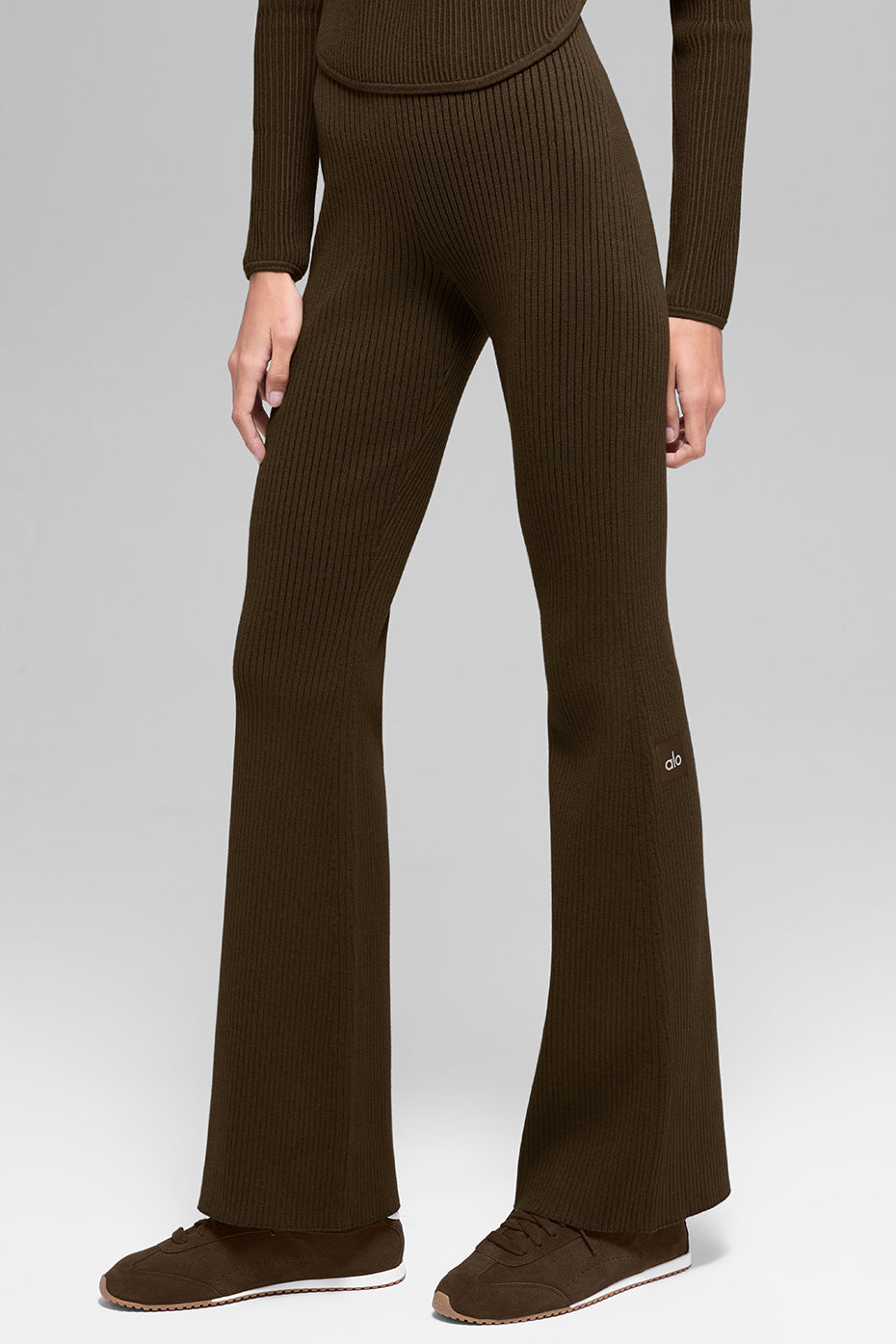 Denim Knit High Waist Flare Pant   Espresso/Black