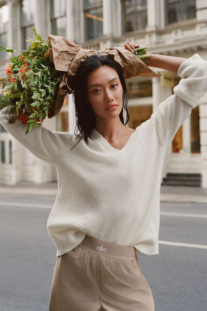 Wool Cashmere New Class Oversized V Neck Sweater   Ivory