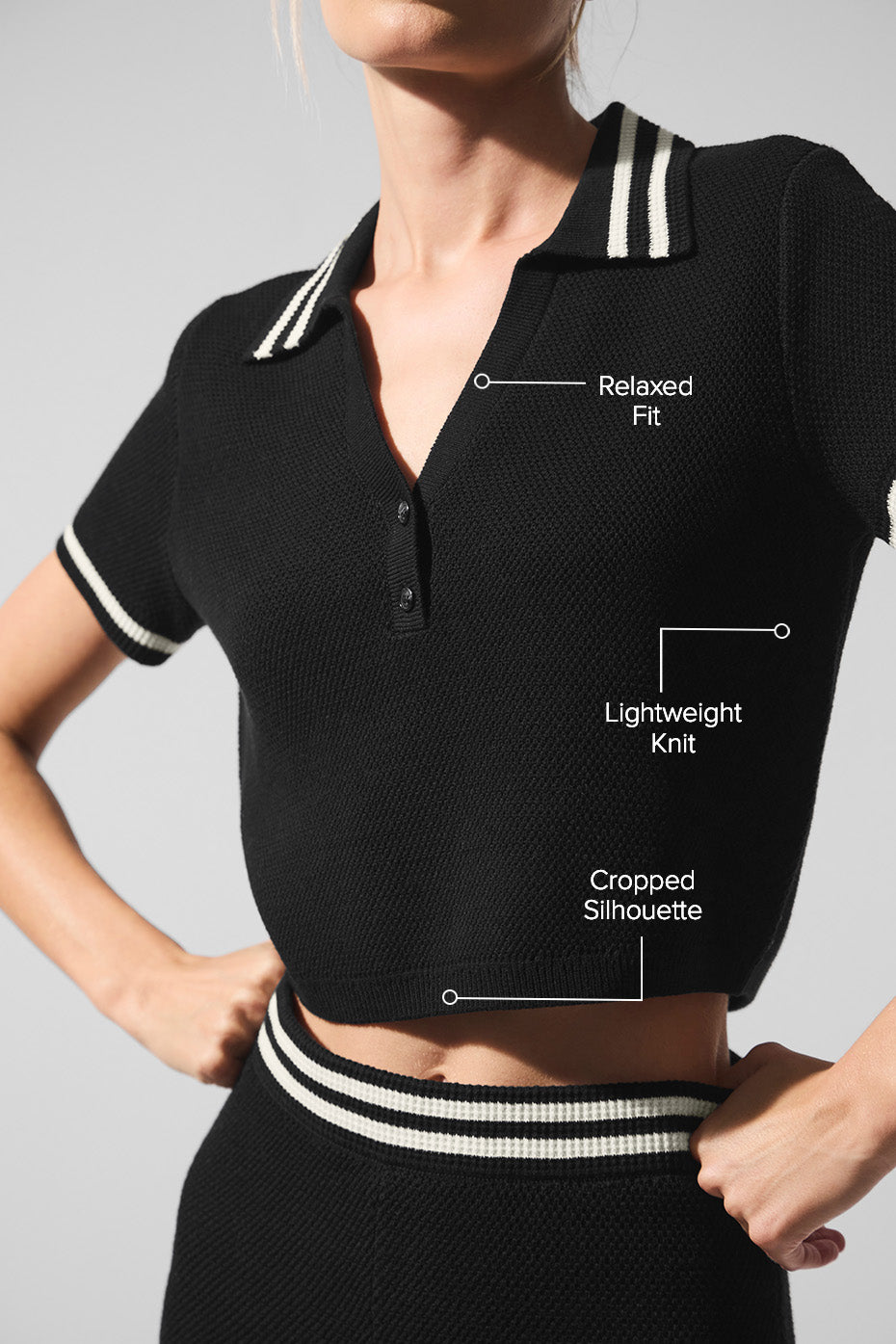 Alternative view of Tennis Club Sweater Knit Cropped Polo   Black/Ivory