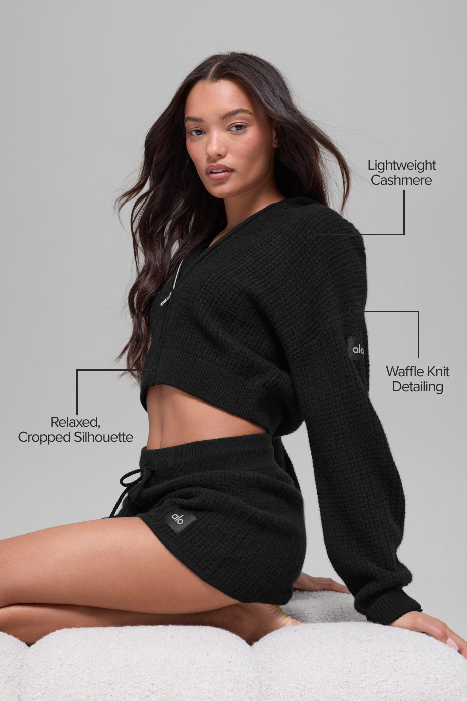 Alternative view of Cashmere Plush Waffle Full Zip Hoodie   Black