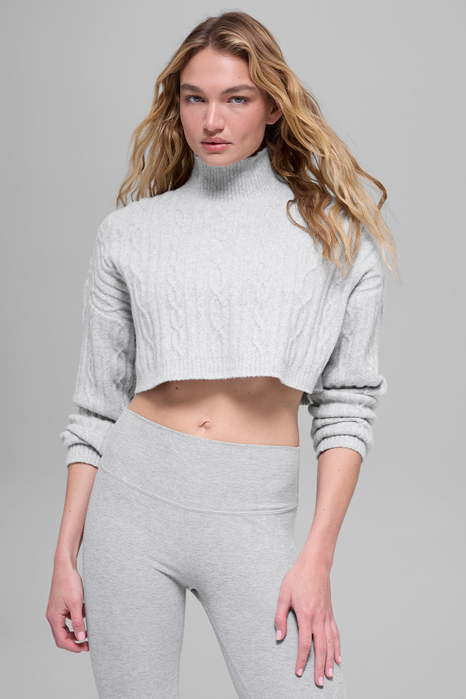 Cable Knit Cropped Winter Bliss Turtleneck Long Sleeve   Athletic Heather Grey