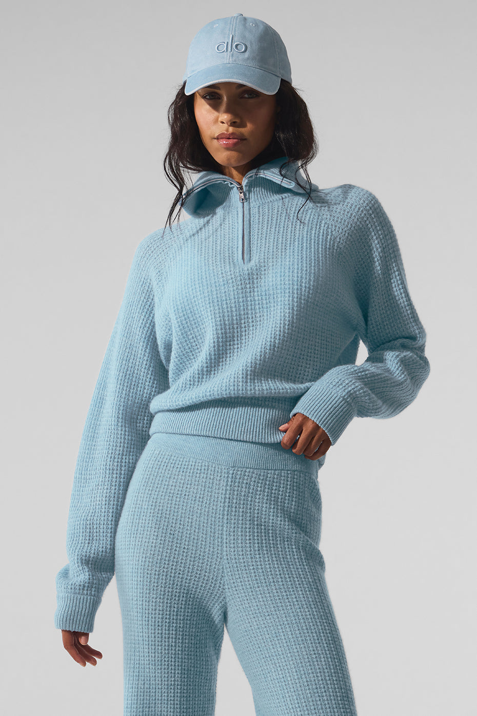 Cashmere Plush Waffle 1/4 Zip Pullover   Celestial Blue Heather