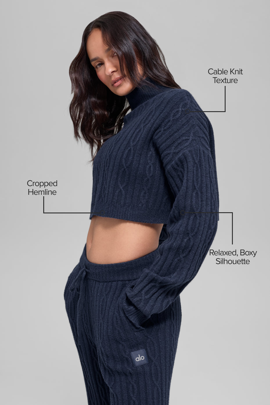 Alternative view of Cable Knit Cropped Winter Bliss Turtleneck Long Sleeve   Navy