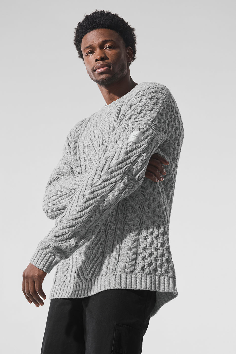 Alternative view of Cable Knit Crew Neck Sweater   Athletic Heather Grey