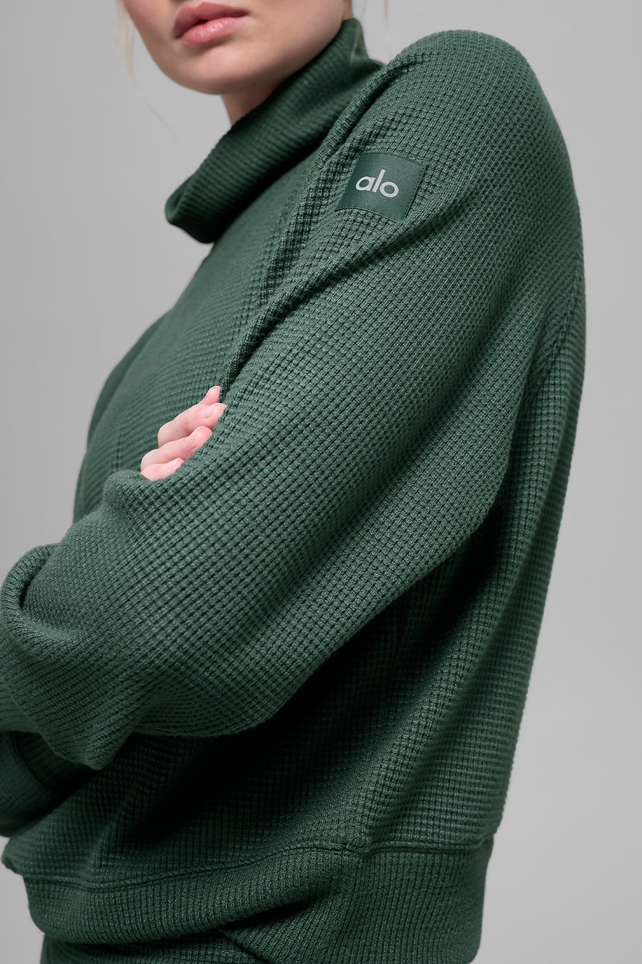 Alternative view of Waffle Weekend Escape Mock Neck Long Sleeve   Clover Green
