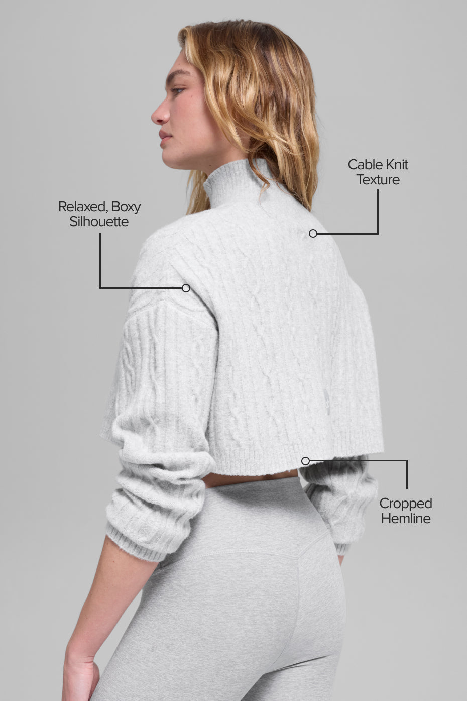 Alternative view of Cable Knit Cropped Winter Bliss Turtleneck Long Sleeve   Athletic Heather Grey