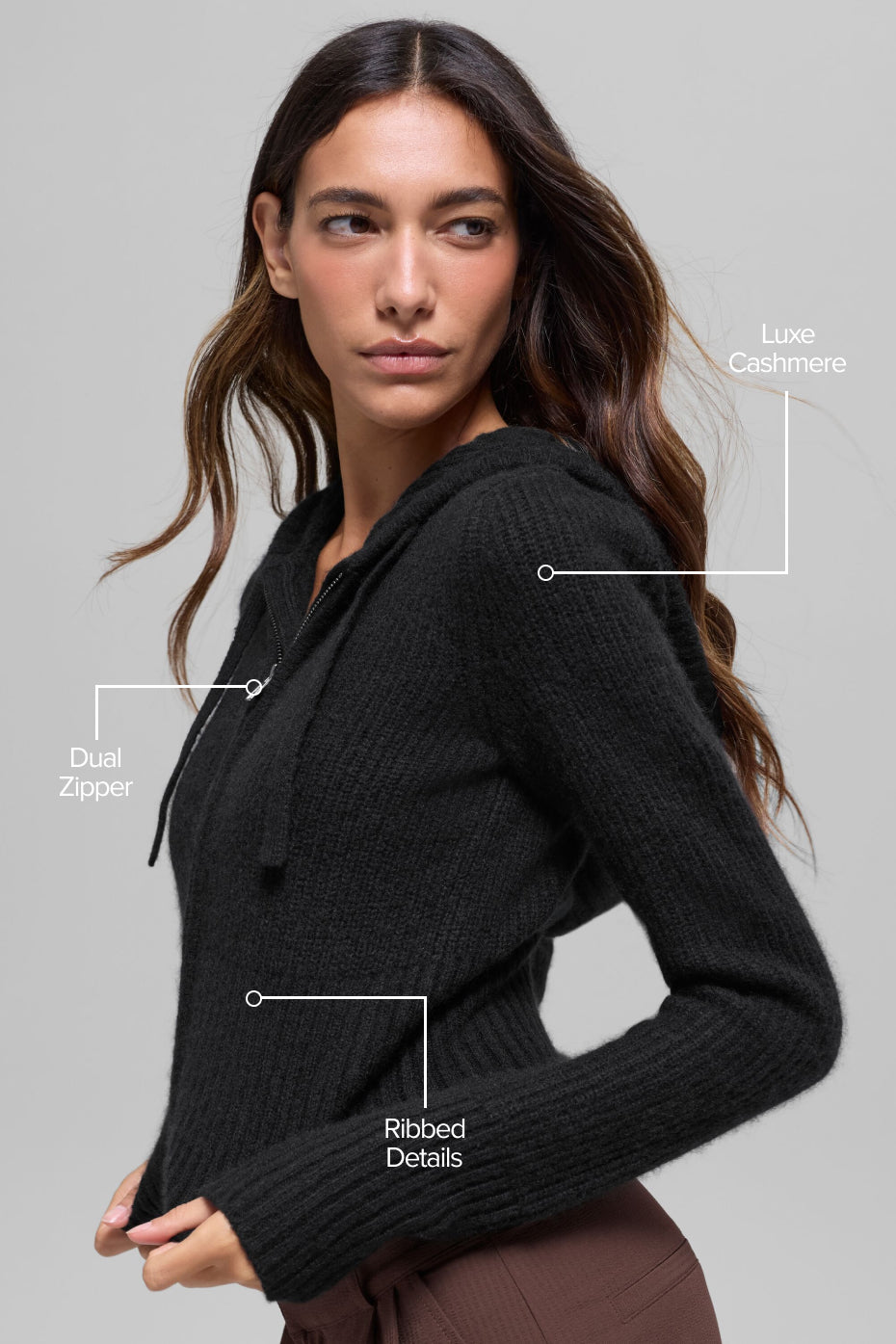Alternative view of Wool Cashmere Ribbed Noble Full Zip Hoodie   Black