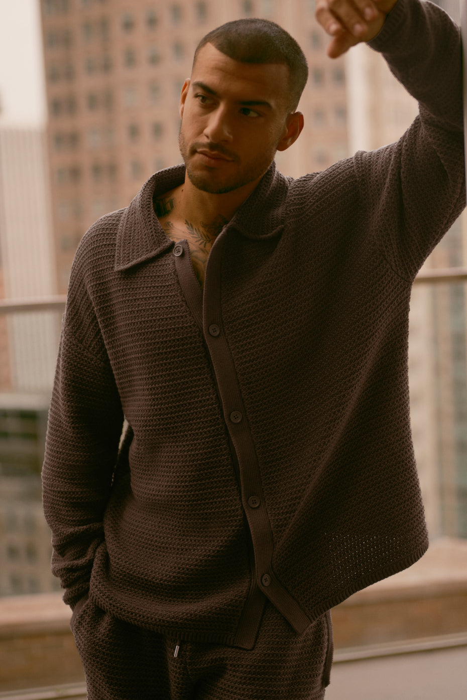 Shift Knit Button Up Long Sleeve   Espresso