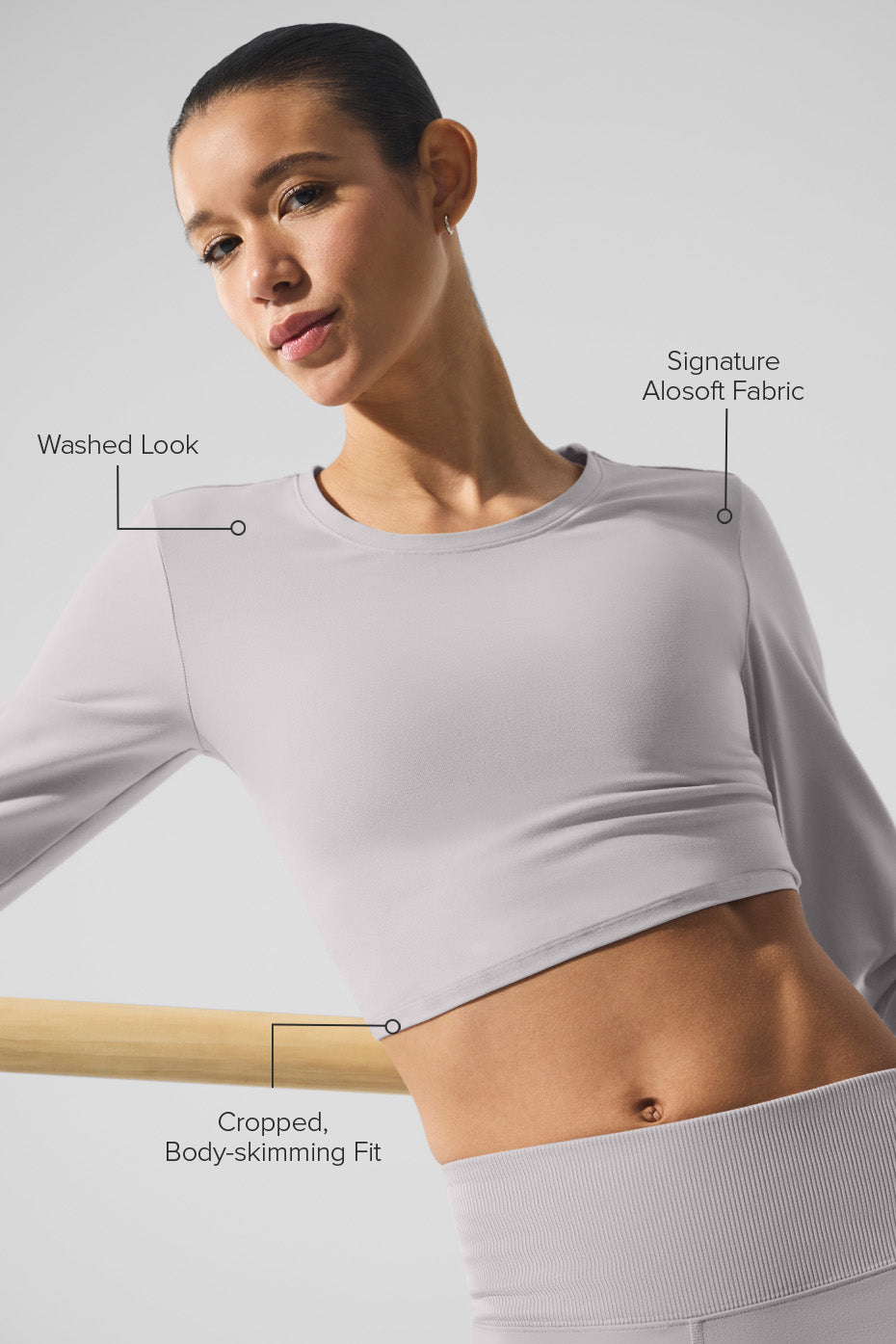 Alternative view of Washed Alosoft Crop Finesse Long Sleeve   Grey Sky Wash