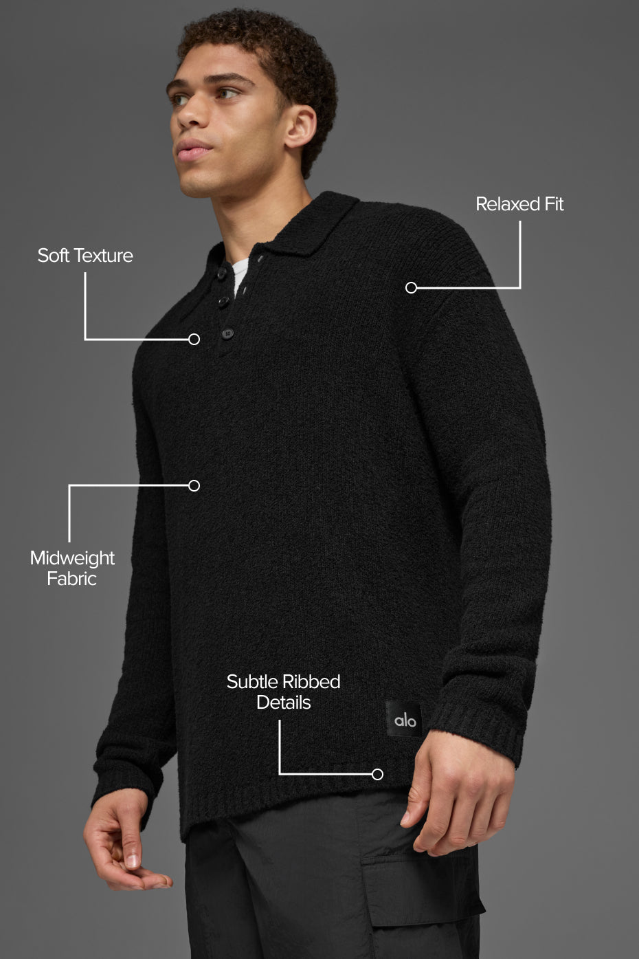 Alternative view of Textured Knit Long Sleeve Polo   Black