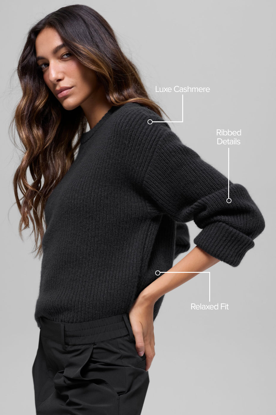 Alternative view of Wool Cashmere Ribbed Noble Crewneck Sweater   Black