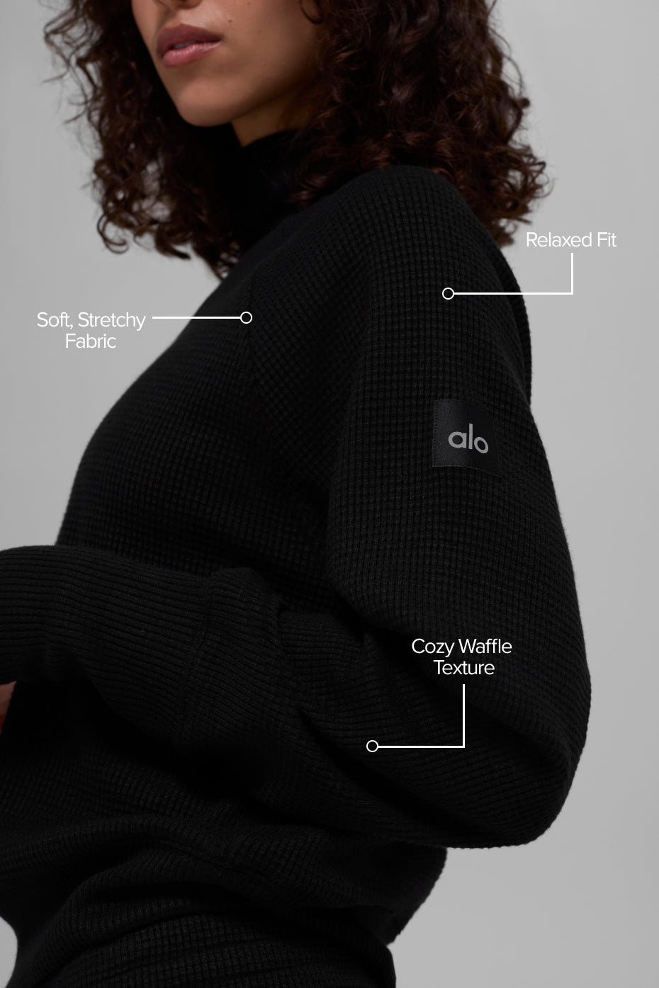 Alternative view of Waffle Weekend Escape Mock Neck Long Sleeve   Black