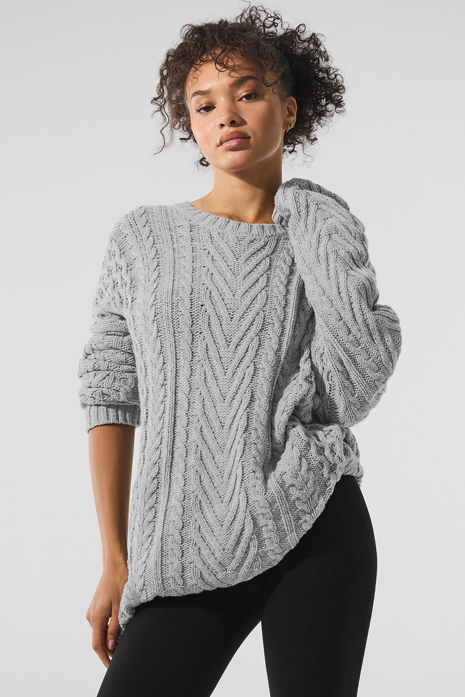 Cable Knit Crew Neck Sweater   Athletic Heather Grey