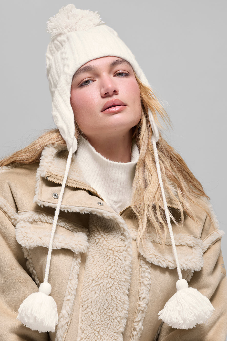 Alternative view of Cable Knit Winter Bliss Earflap Beanie   Ivory