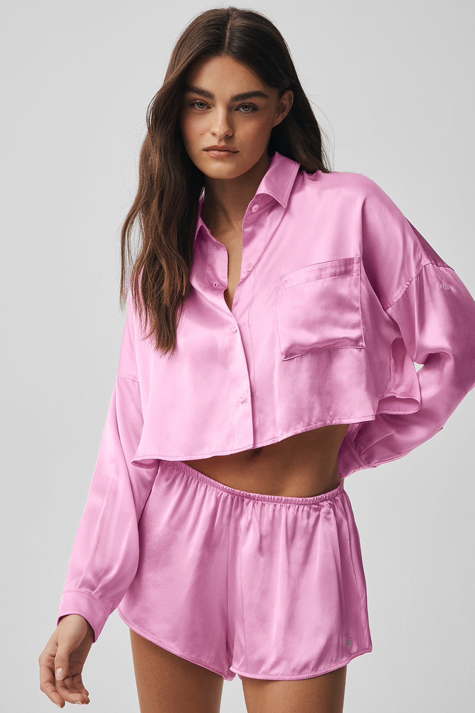 Silk Luminous Cropped Button Down Long Sleeve   Candy Heart Pink