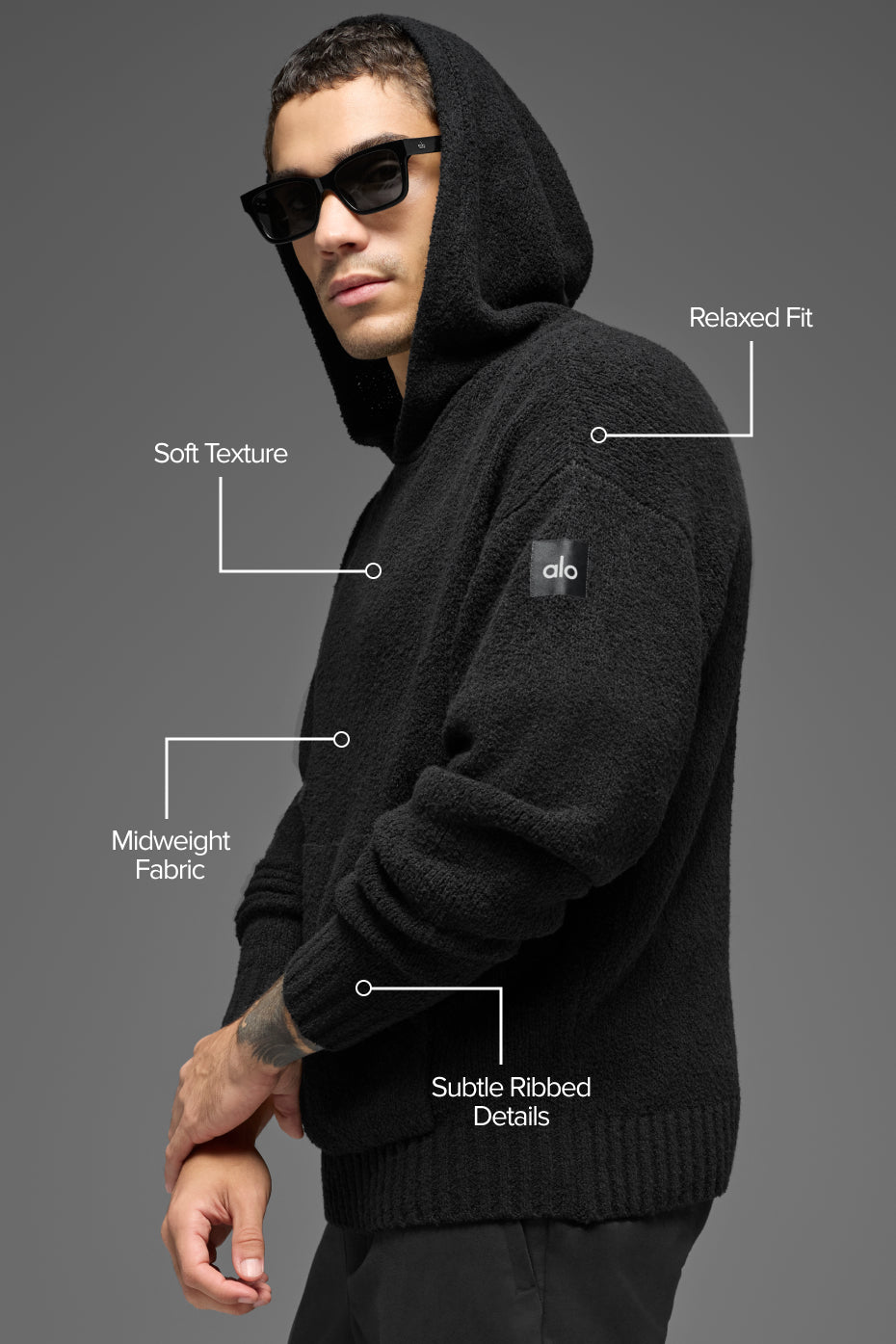 Alternative view of Textured Knit Hoodie   Black