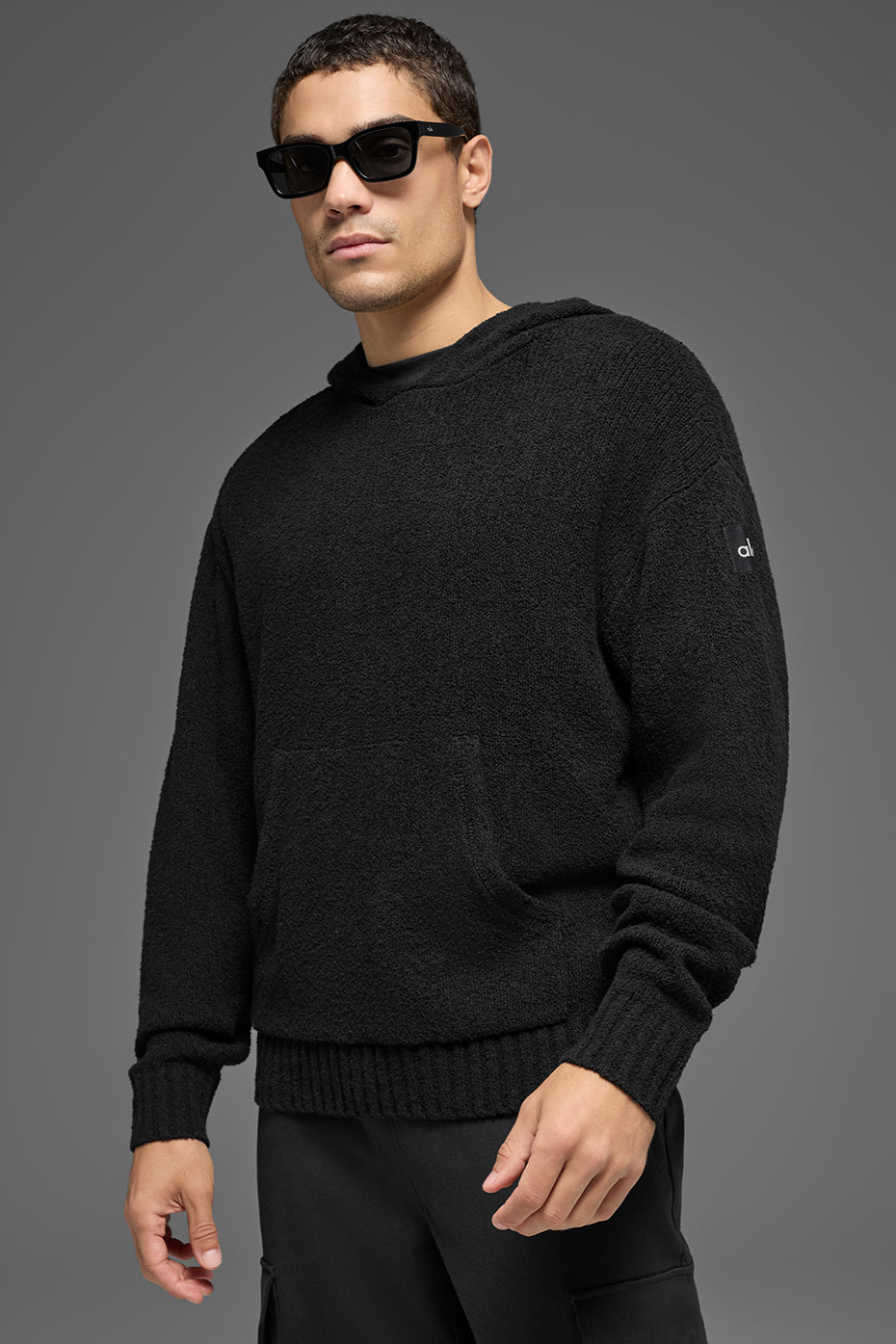Textured Knit Hoodie   Black