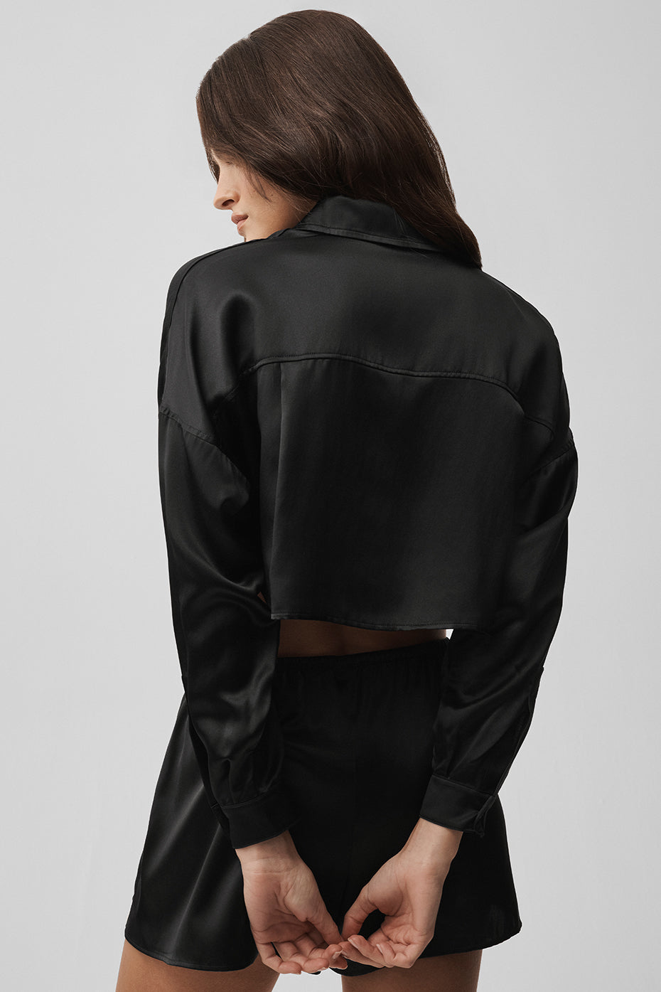 Alternative view of Silk Luminous Cropped Button Down Long Sleeve   Black