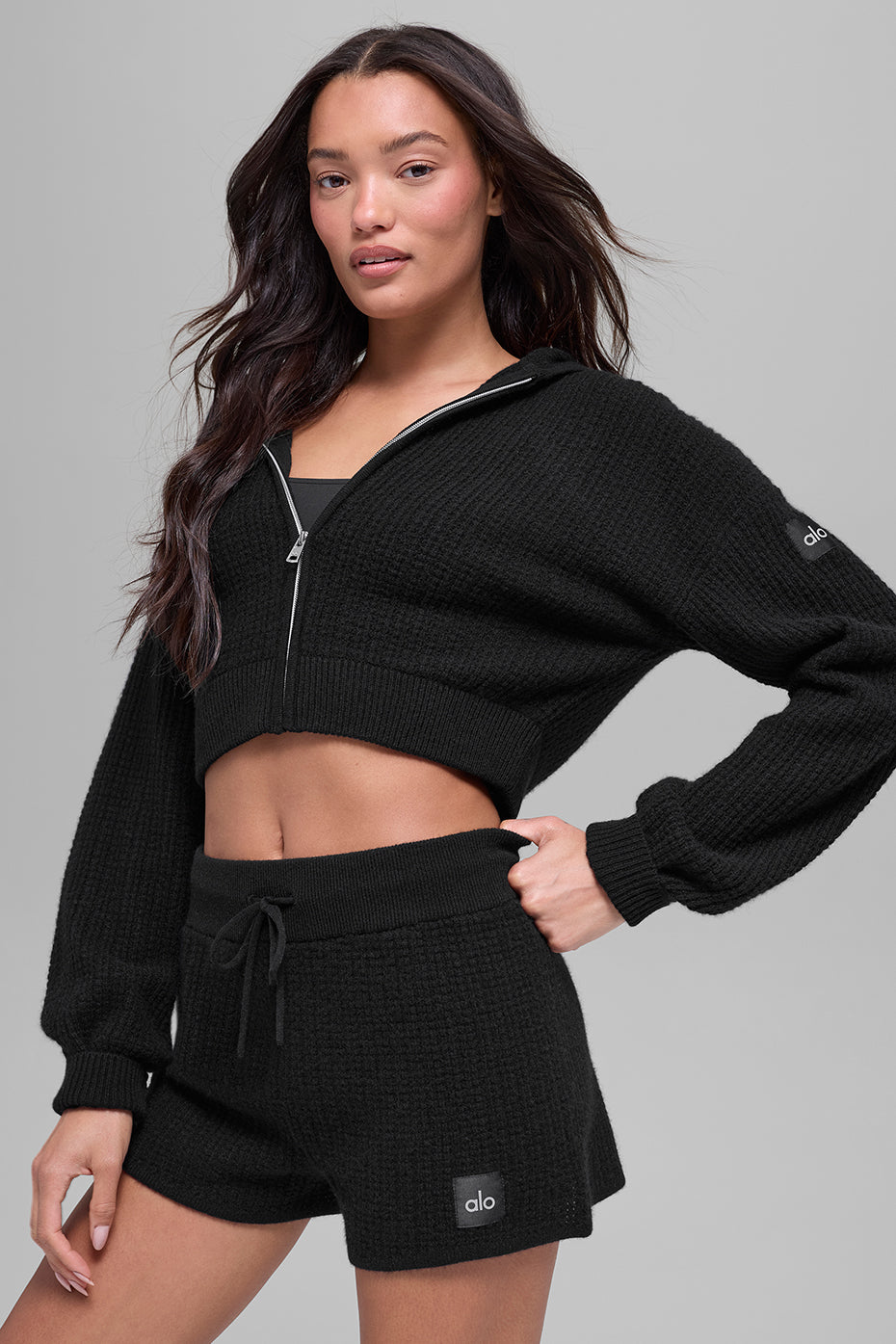 Cashmere Plush Waffle Full Zip Hoodie   Black