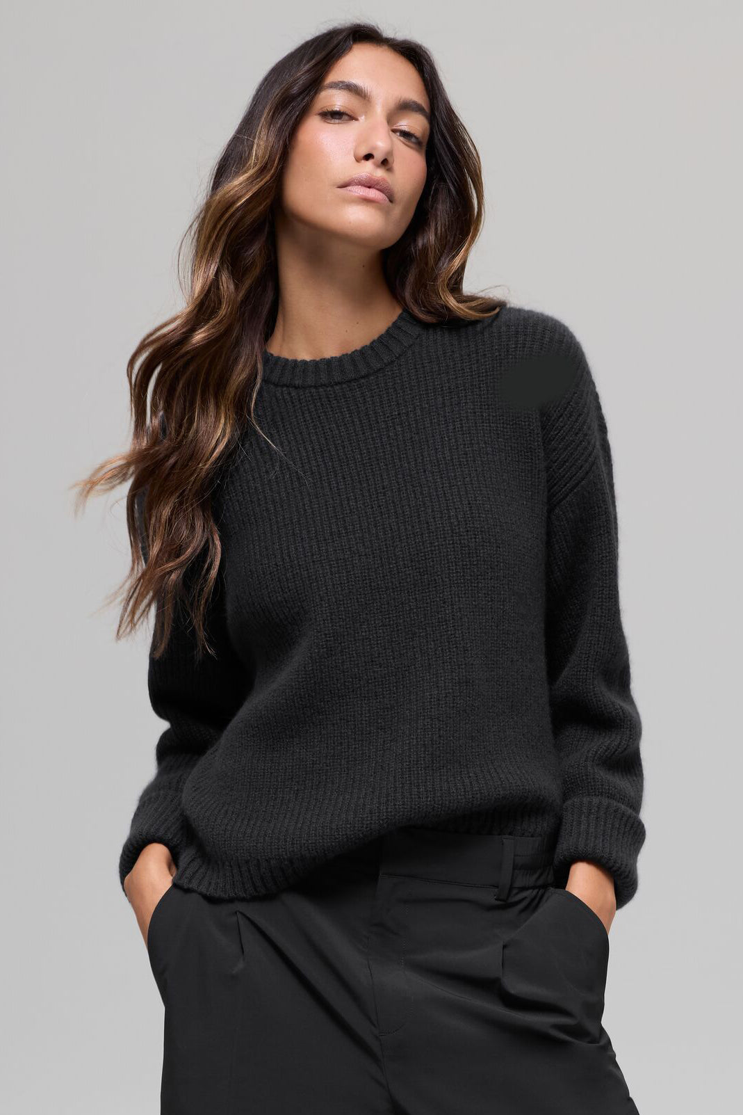 Wool Cashmere Ribbed Noble Crewneck Sweater   Black