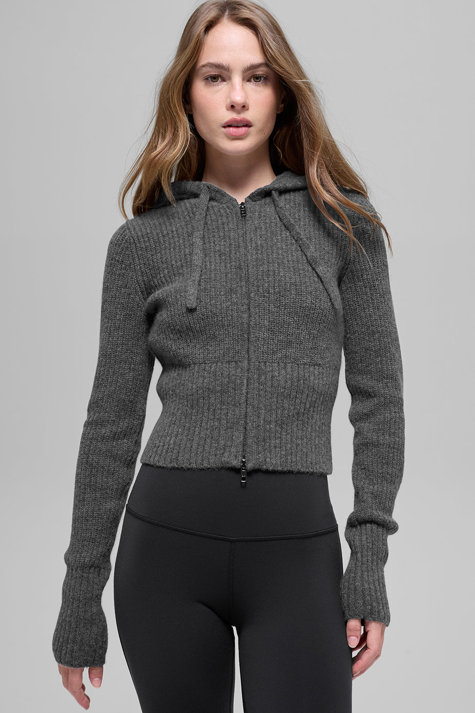 Wool Cashmere Ribbed Noble Full Zip Hoodie   Platinum Grey