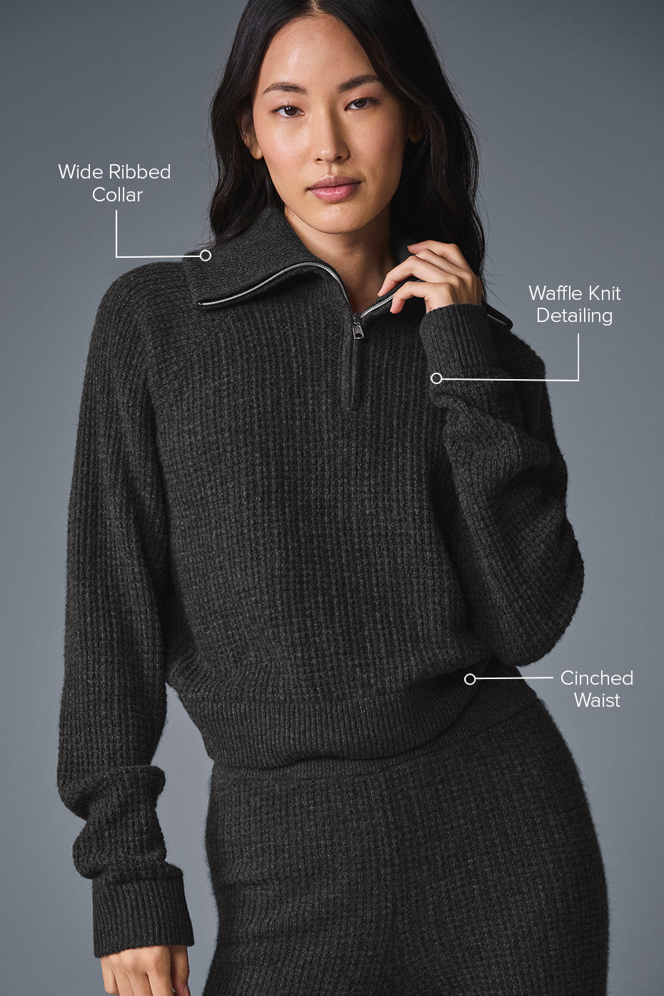 Alternative view of Cashmere Plush Waffle 1/4 Zip Pullover   Dark Heather Grey