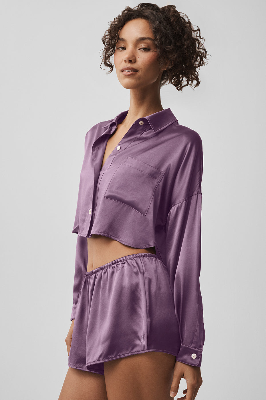 Alternative view of Silk Luminous Cropped Button Down Long Sleeve   Plum Kiss