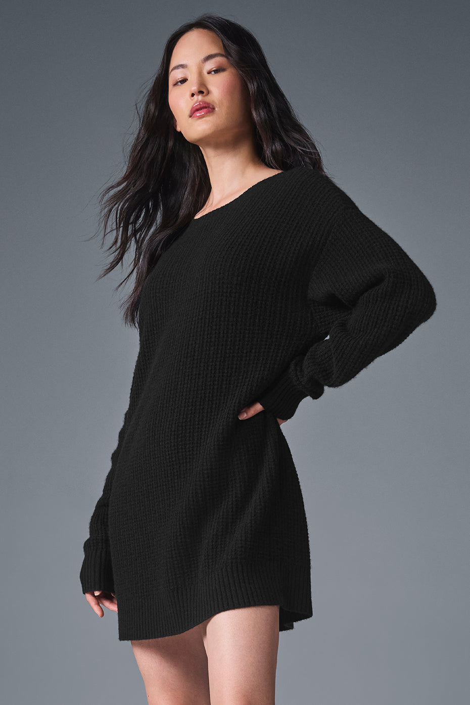 Cashmere Plush Waffle Dress   Black