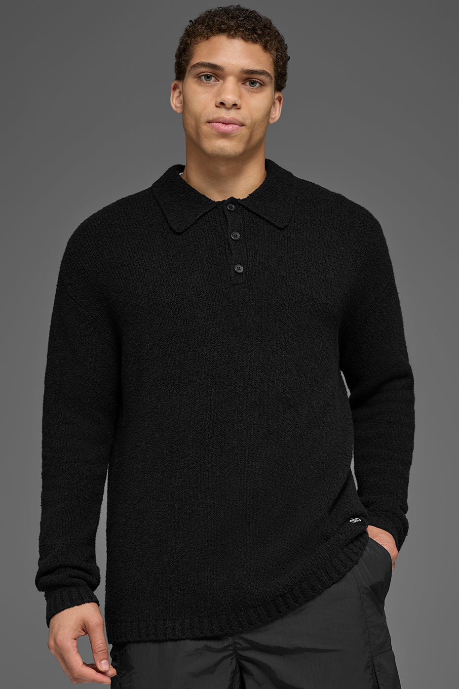 Textured Knit Long Sleeve Polo   Black