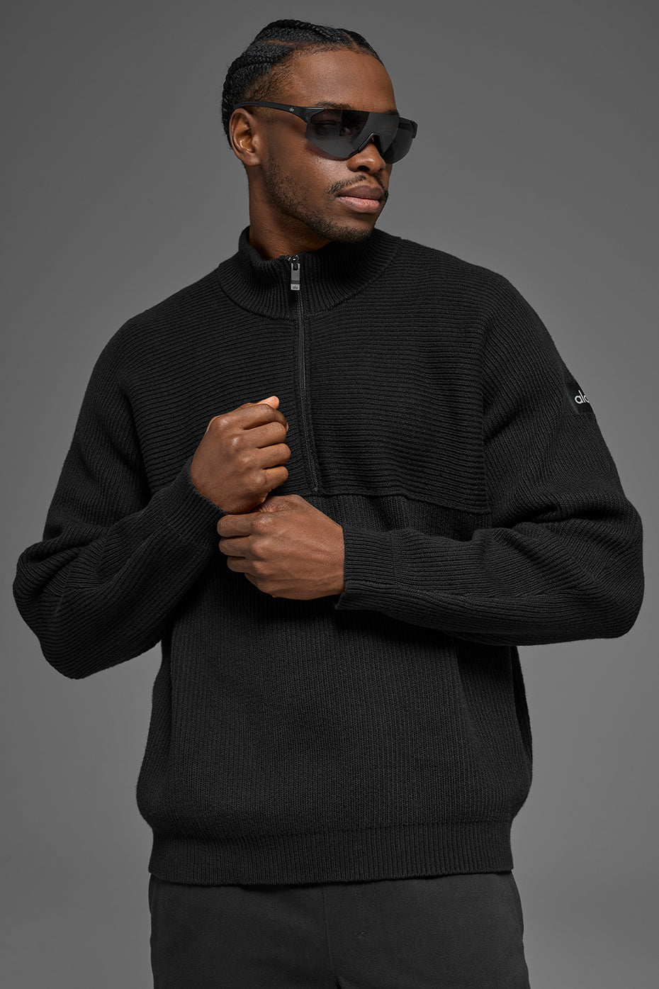 Domain Shift Rib Knit 1/4 Zip Sweater   Black