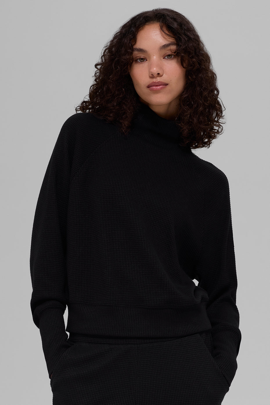Waffle Weekend Escape Mock Neck Long Sleeve   Black