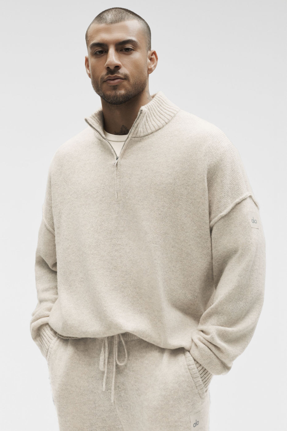 Wool Cashmere New Class 1/4 Zip Pullover   Oatmeal Heather