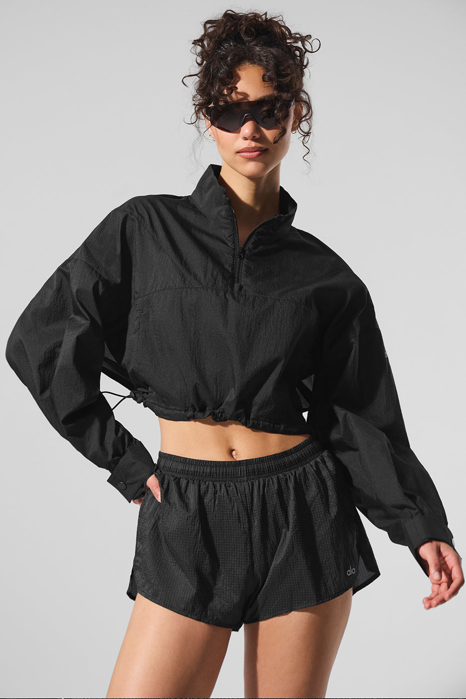 Cropped 1/4 Zip Aerial Pullover   Black