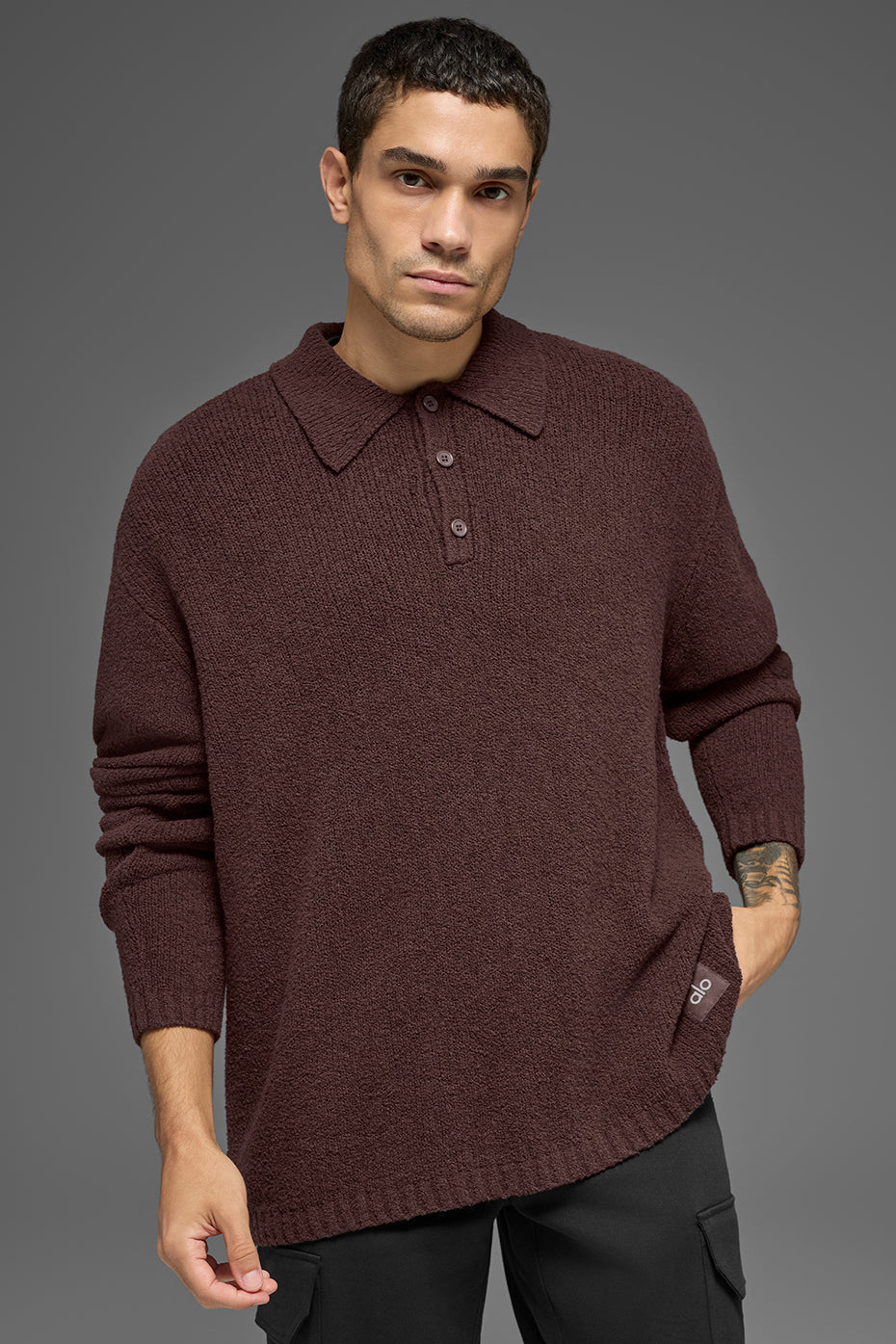 Alternative view of Textured Knit Long Sleeve Polo   Brownstone