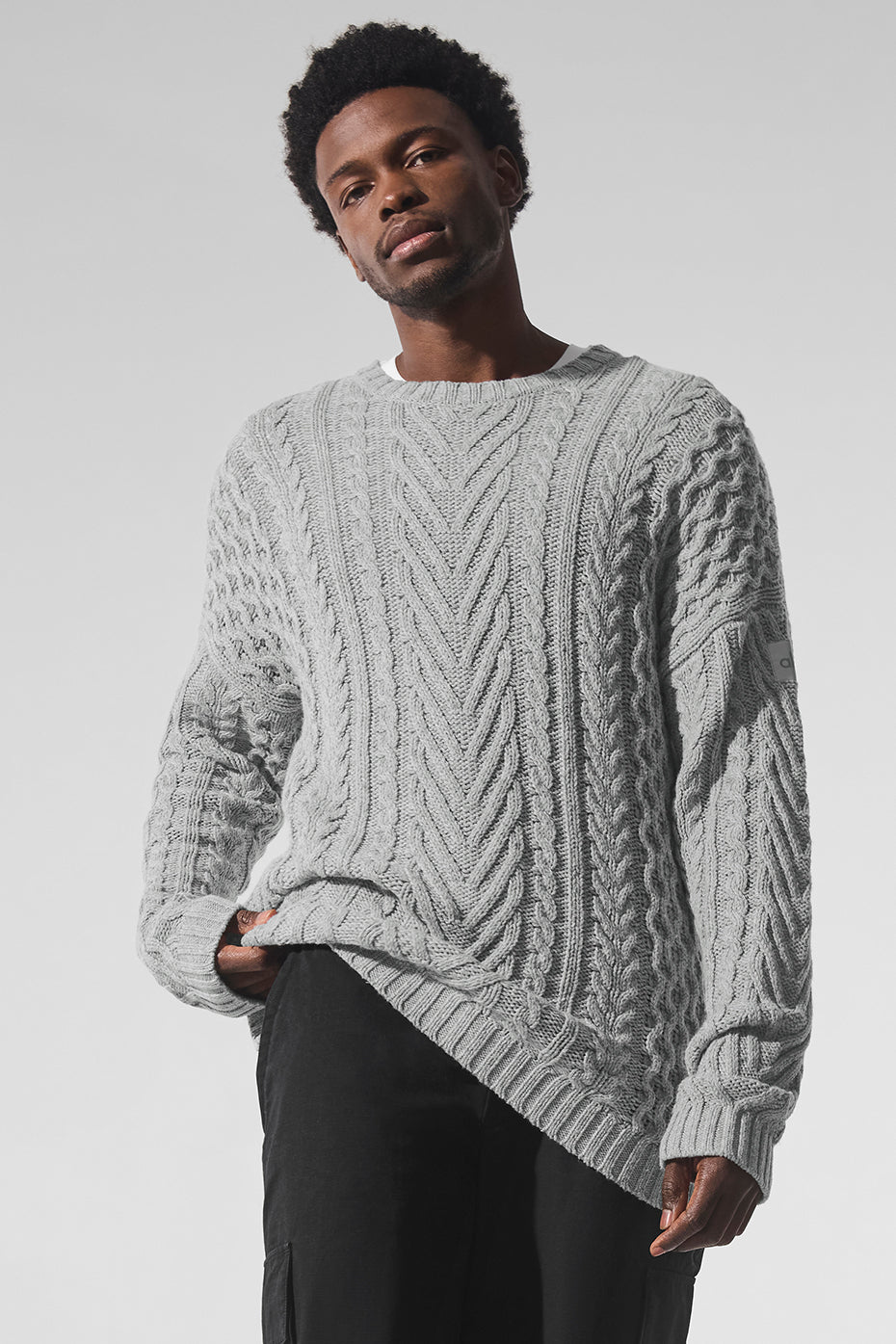 Cable Knit Crew Neck Sweater   Athletic Heather Grey