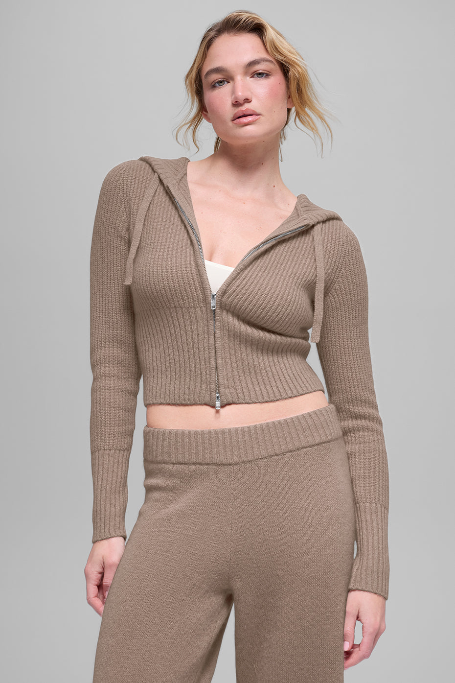 Wool Cashmere Ribbed Noble Full Zip Hoodie   Chai Latte