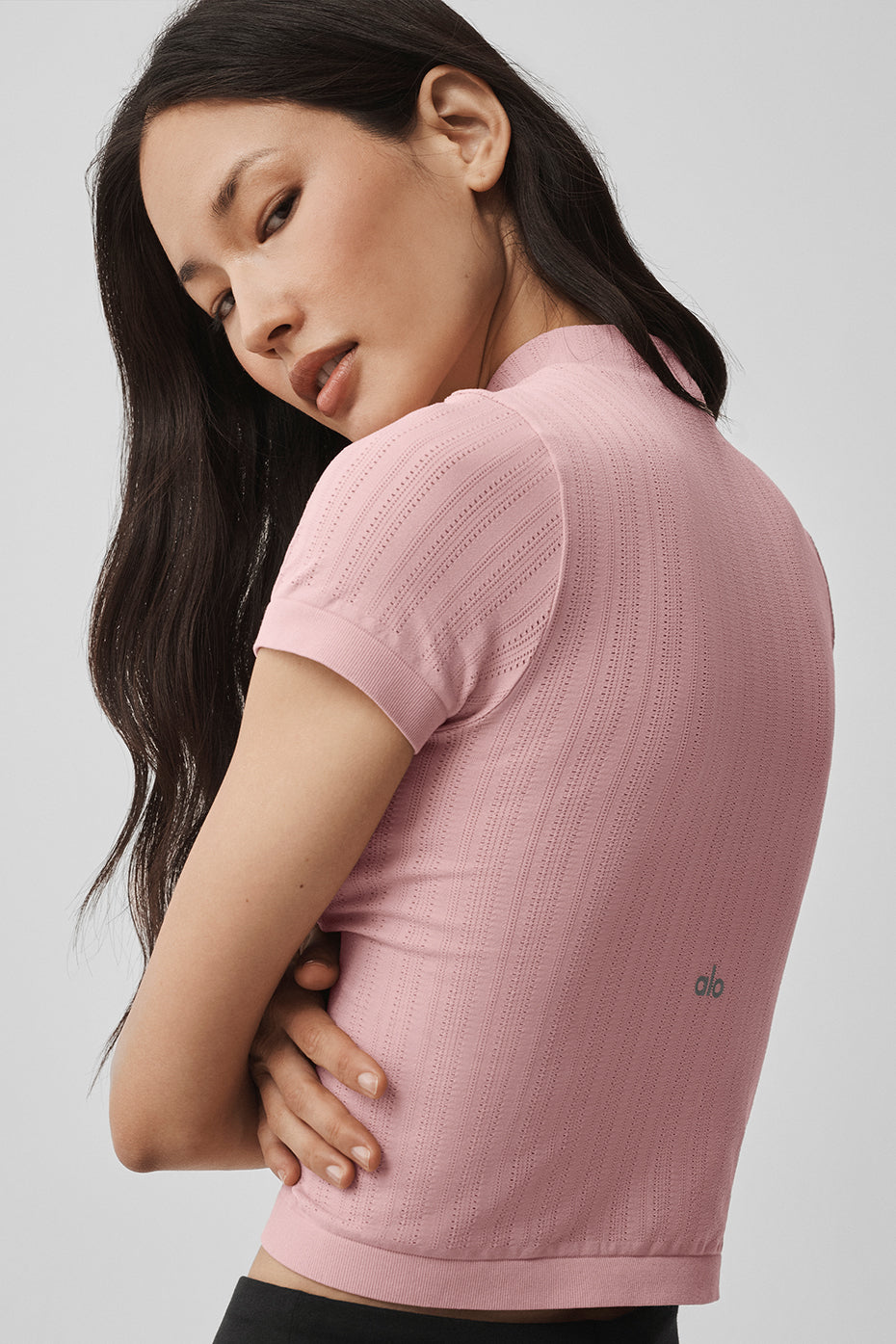 Alternative view of Seamless Pointelle Mock Neck Short Sleeve   Vintage Pink