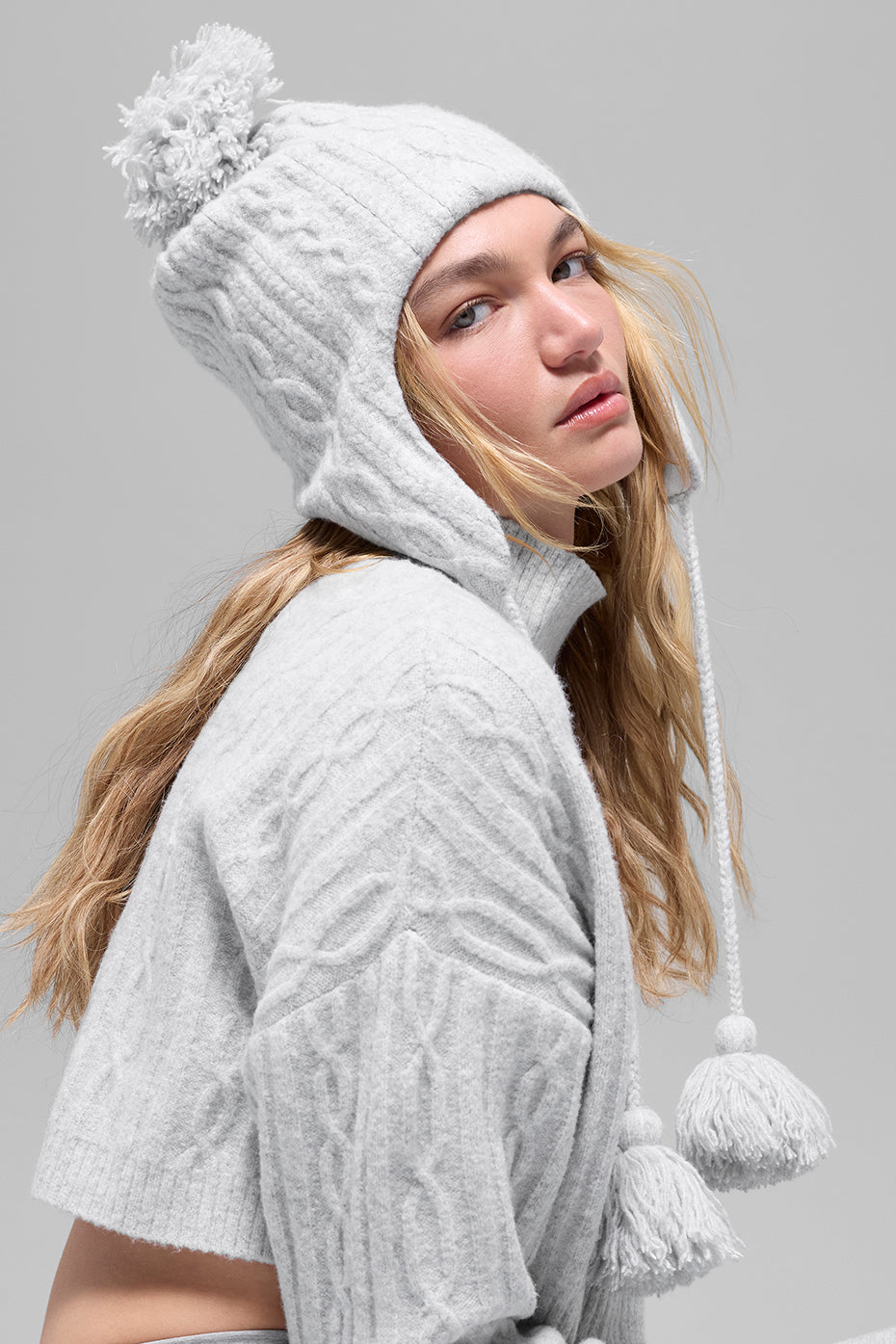 Alternative view of Cable Knit Winter Bliss Earflap Beanie   Athletic Heather Grey