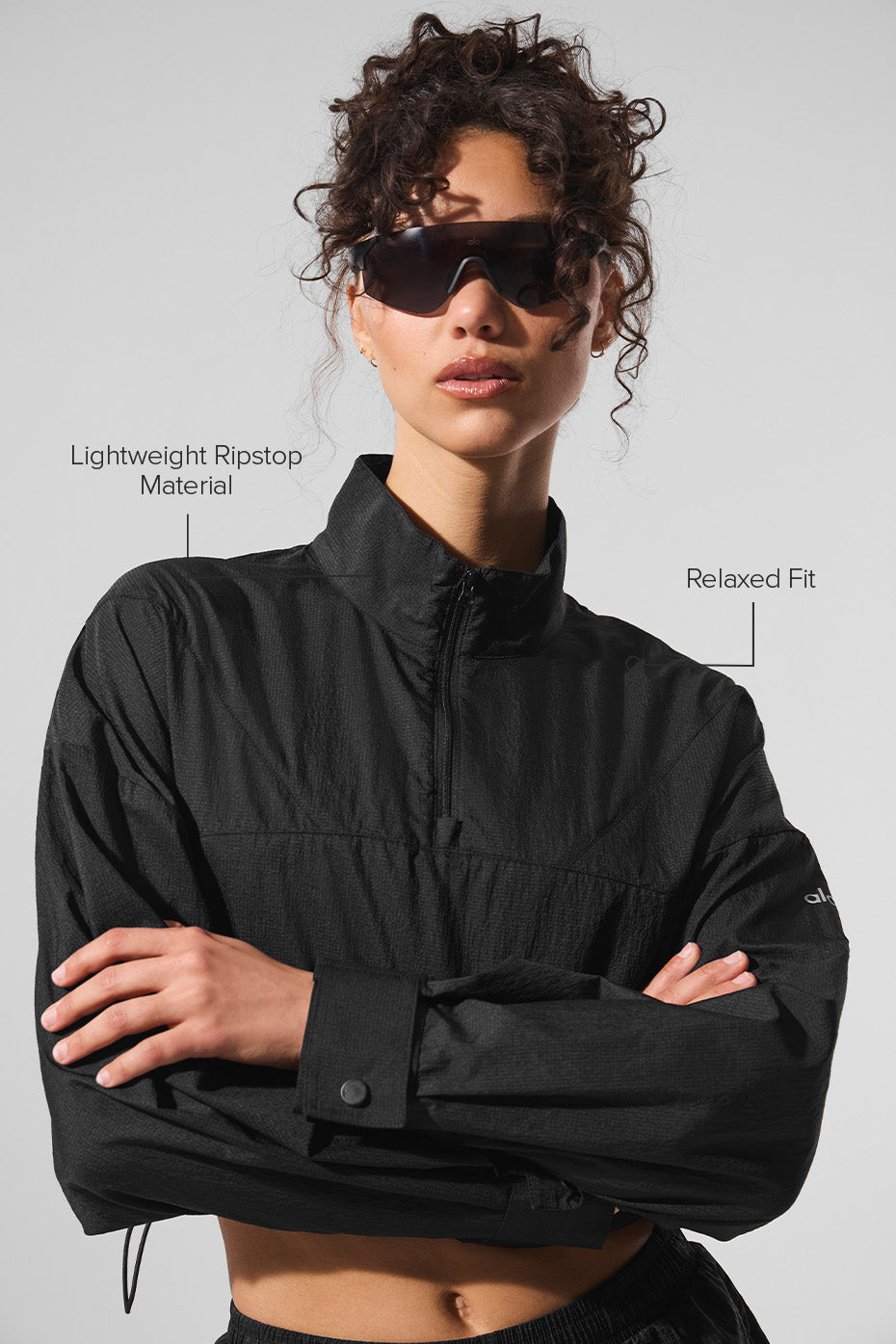 Alternative view of Cropped 1/4 Zip Aerial Pullover   Black
