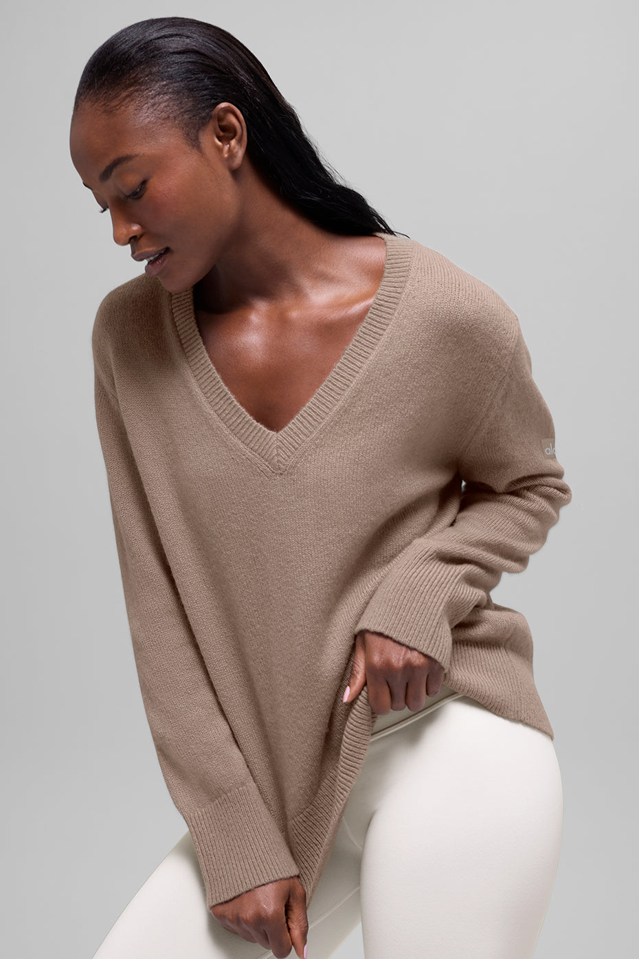 Wool Cashmere New Class Oversized V Neck Sweater   Chai Latte
