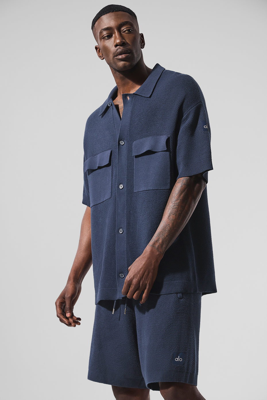 Sports Club Sweater Knit Short Sleeve Button Up   Navy