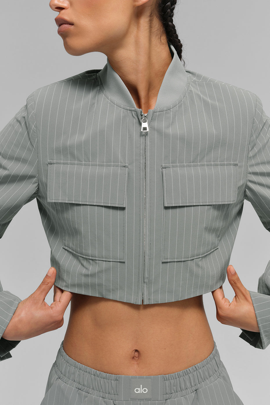 Alternative view of Cropped Pinstripe Main Character Full Zip Jacket   Lunar Grey/White