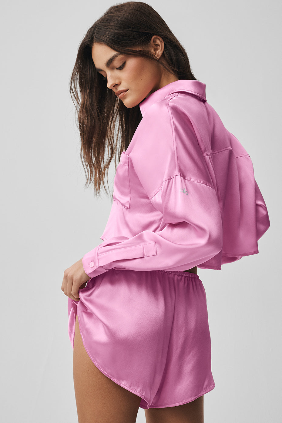 Alternative view of Silk Luminous Cropped Button Down Long Sleeve   Candy Heart Pink
