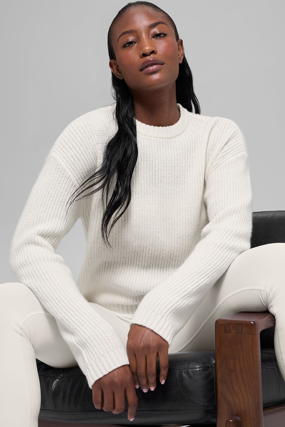 Wool Cashmere Ribbed Noble Crewneck Sweater   Ivory