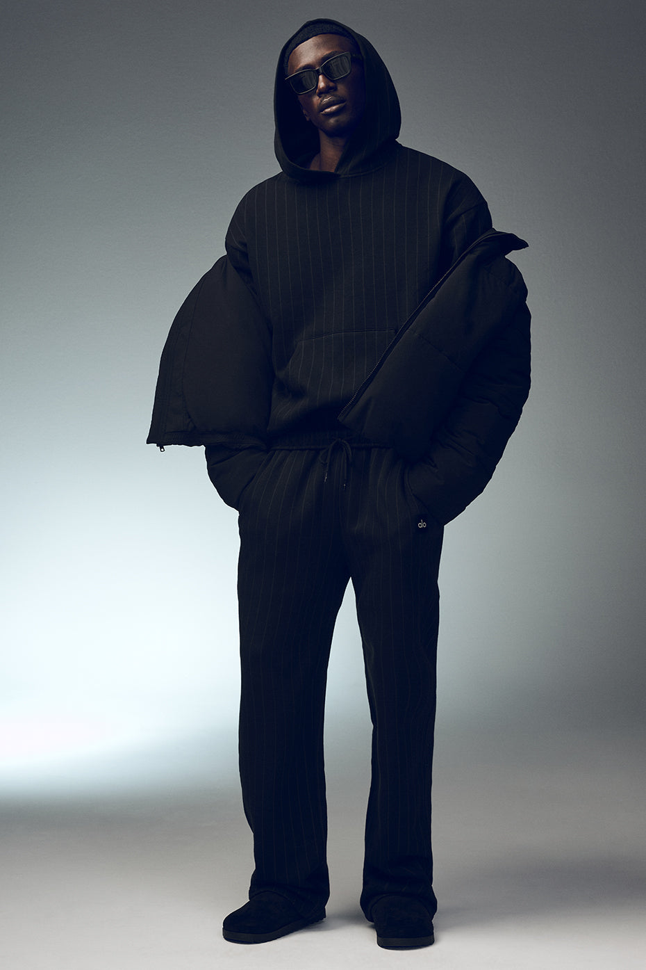 Pinstripe Straight Leg Sweatpant   Black Pinstripe