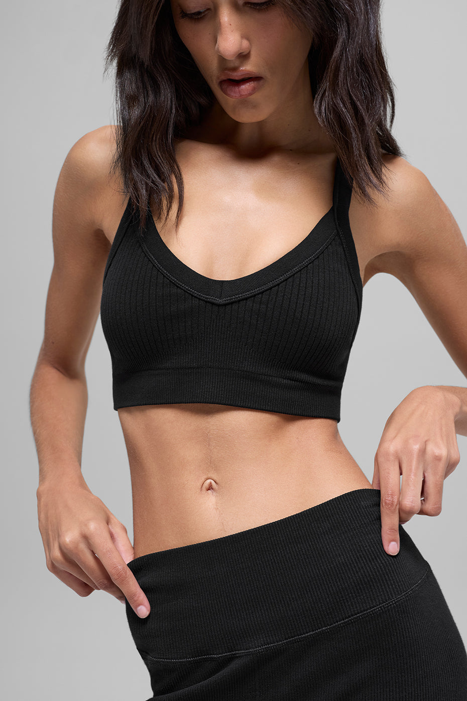 Seamless Two Tone Rib Bra   Black